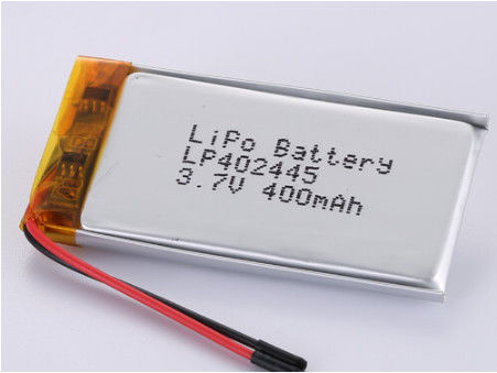 LP402445 3.7V 400MAH সিলভার ফয়েল এবং ট্রান্সপারেন্ট পিভিসি লিথিয়াম পলিমার ব্যাটারি ওয়্যার সহ 50 মিমি লাল তার এবং কালো তার লিথিয়াম কোবাল্ট অক্সাইড