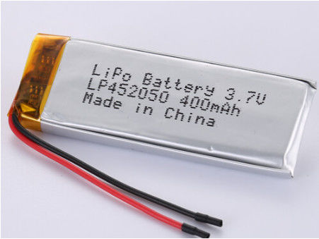 সিলভার ফয়েল এবং স্বচ্ছ পিভিসি LP452050 3.7V 400MAH 50 মিমি রেড ওয়্যার পলিমার লিথিয়াম-আয়ন রিচার্জেবল সেল নমুনা গ্রহণ